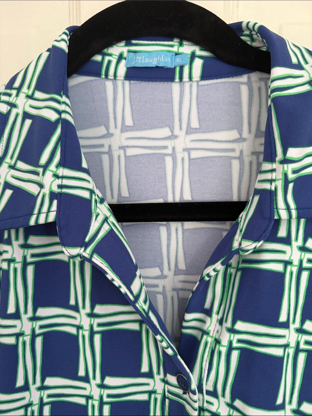 McLaughlin XL Blue & Green Geometric Button-Front Shirt Dress. Washable!! Cool. - Picture 2 of 3